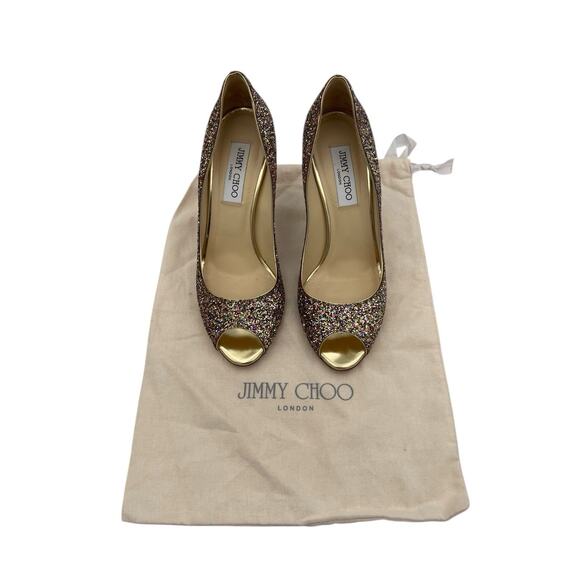 Jimmy Choo Shoes - JIMMY CHOO Evelyn Multicolor Glitter Peep Toe Gold Heels Shoes Size 39 US 9